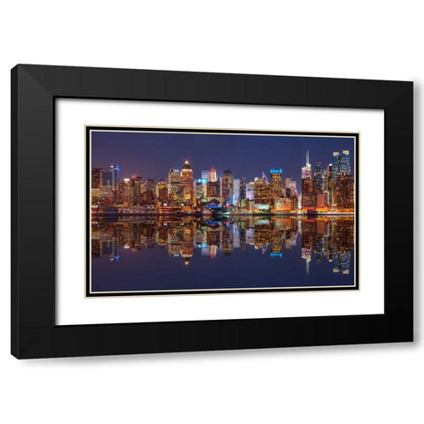 Illuminated Manhattan skyline at twilight - New York City Black Modern Wood Framed Art Print with Double Matting by Frank, Assaf