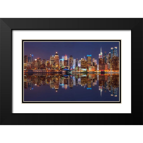 Illuminated Manhattan skyline at twilight - New York City Black Modern Wood Framed Art Print with Double Matting by Frank, Assaf