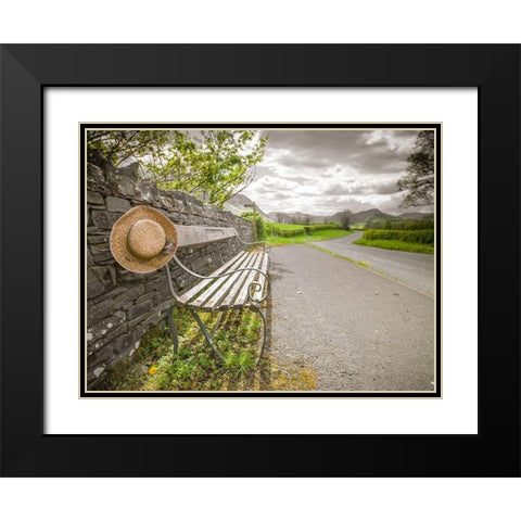 Bench with a hat on countryside road Black Modern Wood Framed Art Print with Double Matting by Frank, Assaf