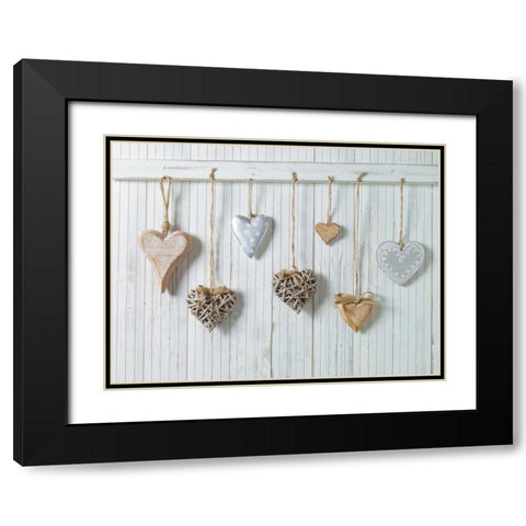 Hearts hanging on wooden background Black Modern Wood Framed Art Print with Double Matting by Frank, Assaf