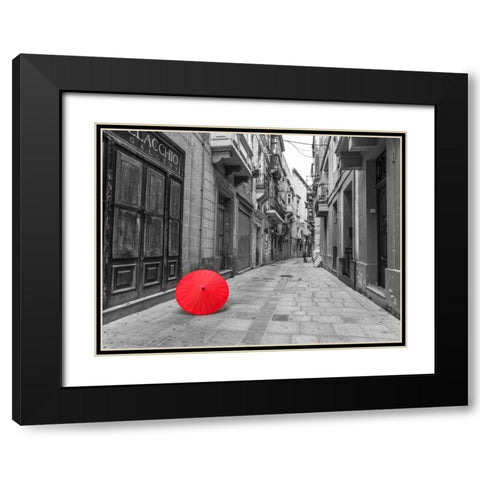 Red umbrella on narrow street of Birgu, malta Black Modern Wood Framed Art Print with Double Matting by Frank, Assaf