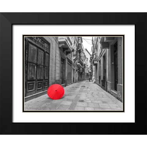 Red umbrella on narrow street of Birgu, malta Black Modern Wood Framed Art Print with Double Matting by Frank, Assaf