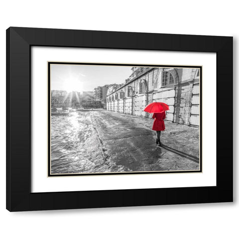 Tourist with red umbrella, Malta Black Modern Wood Framed Art Print with Double Matting by Frank, Assaf