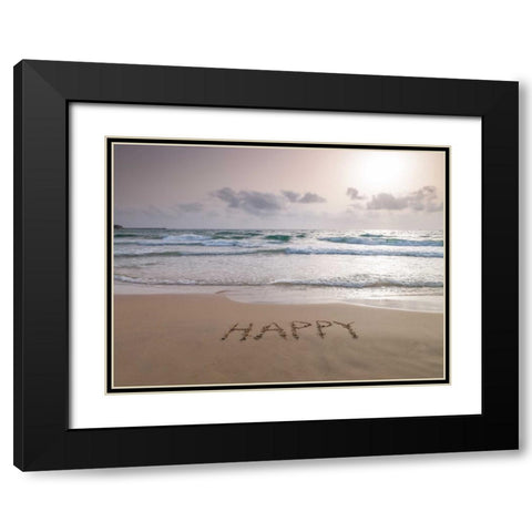 Sand writing - Word Happy written on beach Black Modern Wood Framed Art Print with Double Matting by Frank, Assaf