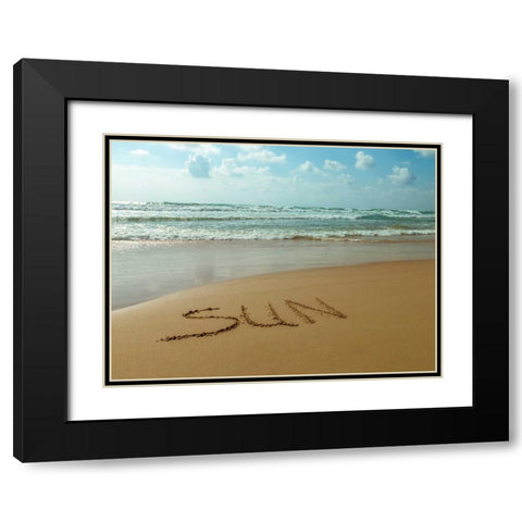 Word Sun written in sand on the beach Black Modern Wood Framed Art Print with Double Matting by Frank, Assaf