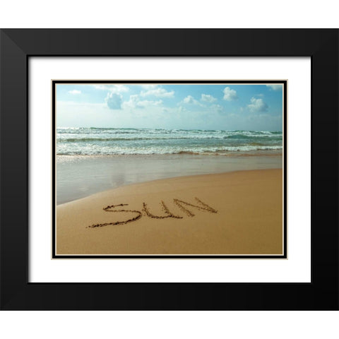 Word Sun written in sand on the beach Black Modern Wood Framed Art Print with Double Matting by Frank, Assaf