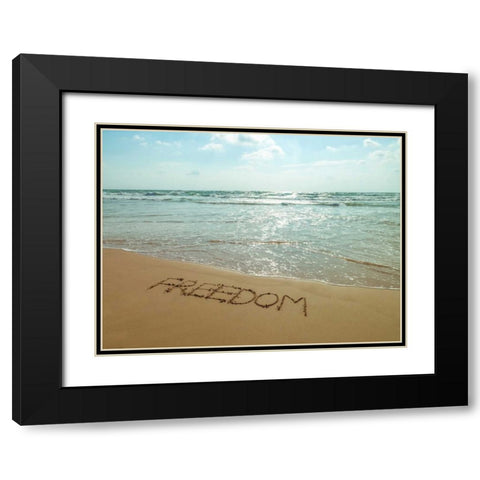 Word Freedom written in sand on the beach Black Modern Wood Framed Art Print with Double Matting by Frank, Assaf