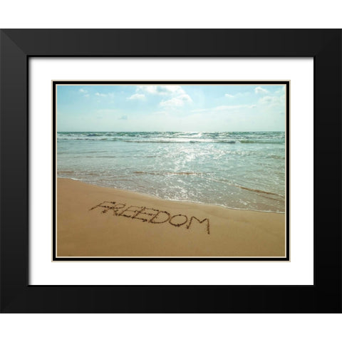 Word Freedom written in sand on the beach Black Modern Wood Framed Art Print with Double Matting by Frank, Assaf