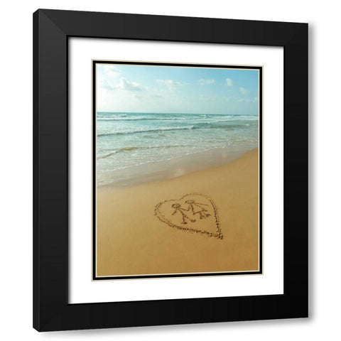 Couple in heart drawn on sand at the beach Black Modern Wood Framed Art Print with Double Matting by Frank, Assaf