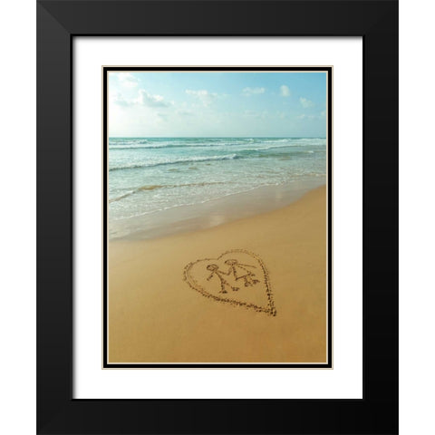 Couple in heart drawn on sand at the beach Black Modern Wood Framed Art Print with Double Matting by Frank, Assaf