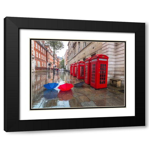 Telephone boxes with umbrellas Black Modern Wood Framed Art Print with Double Matting by Frank, Assaf