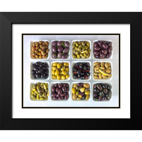 Varieties of Olives in bowls on white background Black Modern Wood Framed Art Print with Double Matting by Frank, Assaf