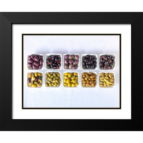 Varieties of Olives in bowls on white background Black Modern Wood Framed Art Print with Double Matting by Frank, Assaf