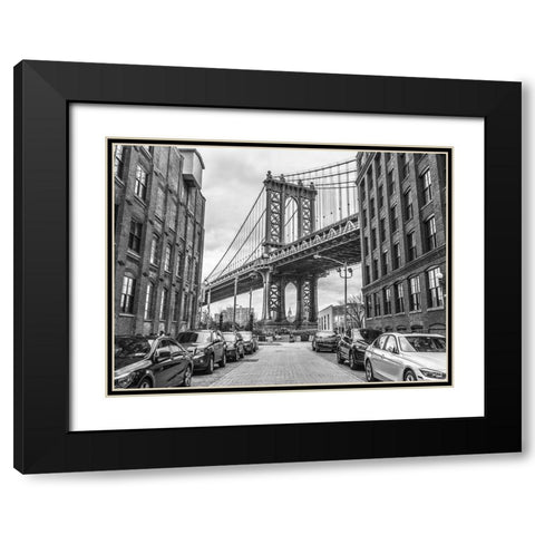Manhattan bridge from a street-New York Black Modern Wood Framed Art Print with Double Matting by Frank, Assaf