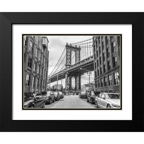 Manhattan bridge from a street-New York Black Modern Wood Framed Art Print with Double Matting by Frank, Assaf