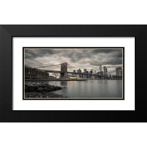 Brooklyn Bridge over East river, New York Black Modern Wood Framed Art Print with Double Matting by Frank, Assaf