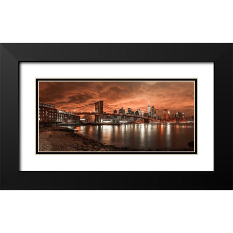 Brooklyn Bridge and Manhattan skyline, New York Black Modern Wood Framed Art Print with Double Matting by Frank, Assaf