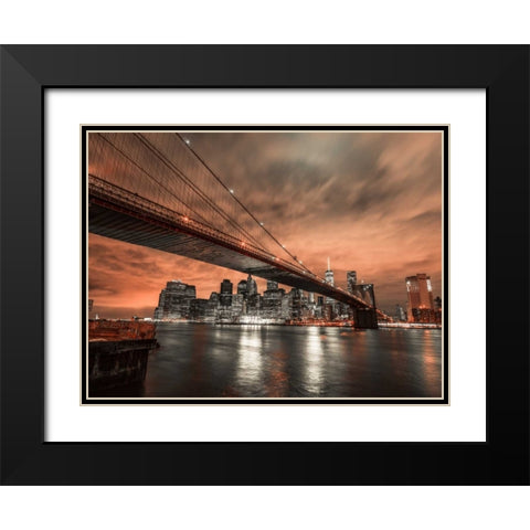 Brooklyn bridge over East river, New York Black Modern Wood Framed Art Print with Double Matting by Frank, Assaf