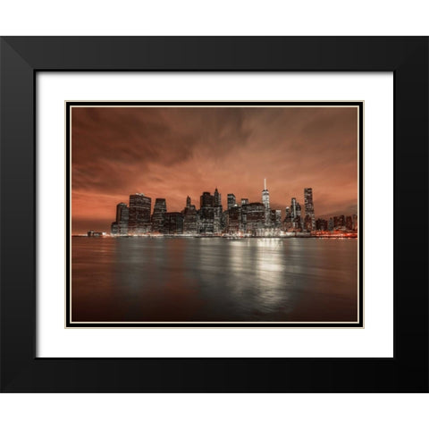 Lower Manhattan skyline in evening, New York Black Modern Wood Framed Art Print with Double Matting by Frank, Assaf