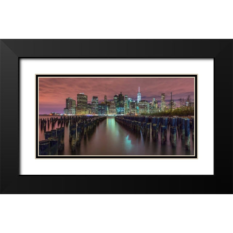 Manhattan skyline with rows of groynes in foreground, New York Black Modern Wood Framed Art Print with Double Matting by Frank, Assaf