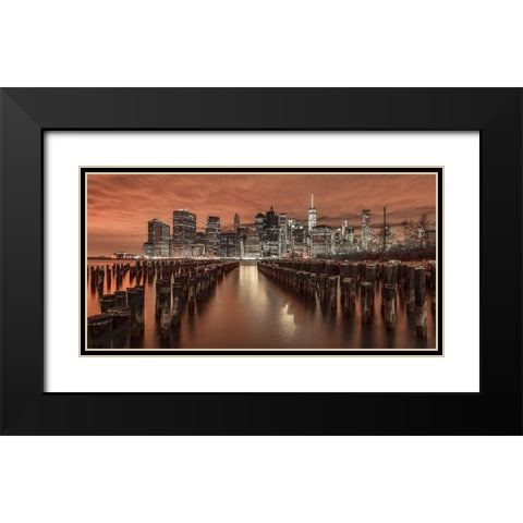 Manhattan skyline with groynes Black Modern Wood Framed Art Print with Double Matting by Frank, Assaf