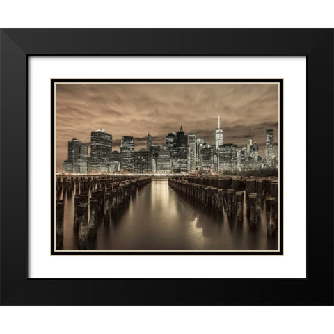 Manhattan skyline with rows of groynes in foreground, New York Black Modern Wood Framed Art Print with Double Matting by Frank, Assaf