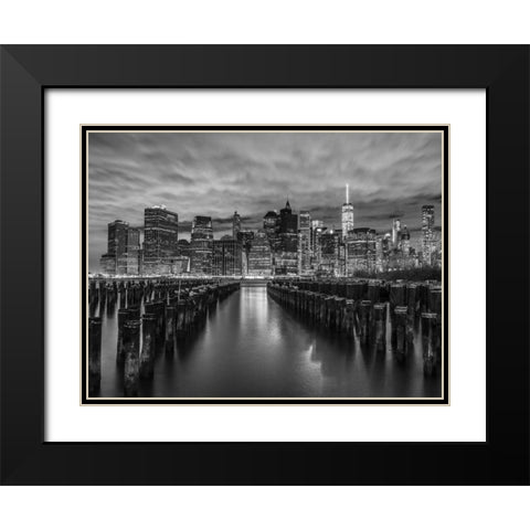 Manhattan skyline with rows of groynes in foreground, New York Black Modern Wood Framed Art Print with Double Matting by Frank, Assaf
