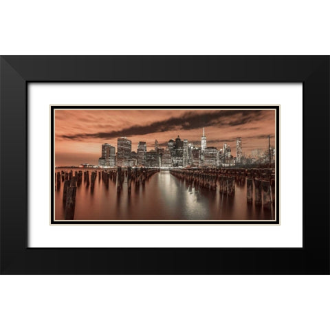 Manhattan skyline with rows of groynes in foreground, New York Black Modern Wood Framed Art Print with Double Matting by Frank, Assaf