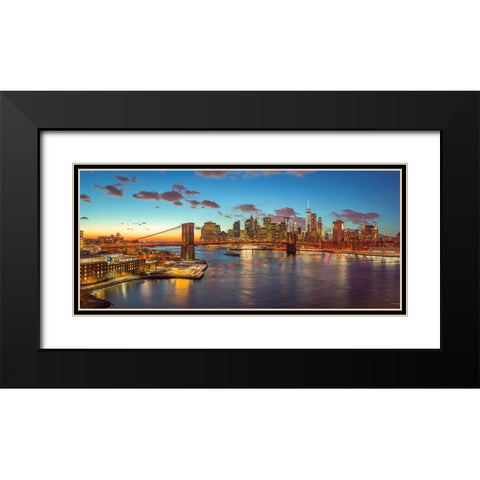 Evening view of Lower Manhattan skyline with Brooklyn bridge over East river, New York Black Modern Wood Framed Art Print with Double Matting by Frank, Assaf