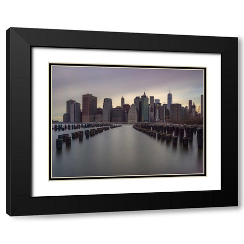Manhattan skyline with rows of groynes in East river, New York Black Modern Wood Framed Art Print with Double Matting by Frank, Assaf