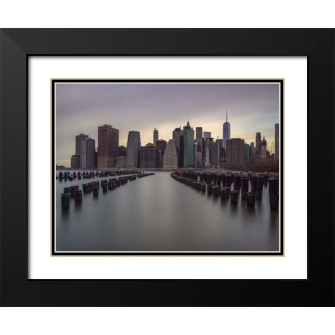 Manhattan skyline with rows of groynes in East river, New York Black Modern Wood Framed Art Print with Double Matting by Frank, Assaf