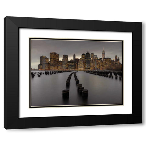 Manhattan skyline with rows of groynes in East river, New York Black Modern Wood Framed Art Print with Double Matting by Frank, Assaf