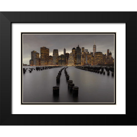 Manhattan skyline with rows of groynes in East river, New York Black Modern Wood Framed Art Print with Double Matting by Frank, Assaf