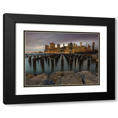 Manhattan skyline with rows of groynes in East river, New York Black Modern Wood Framed Art Print with Double Matting by Frank, Assaf