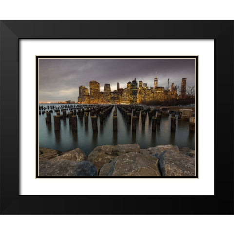 Manhattan skyline with rows of groynes in East river, New York Black Modern Wood Framed Art Print with Double Matting by Frank, Assaf