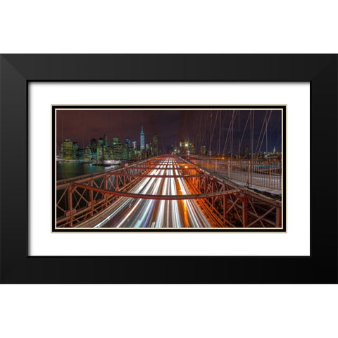 Evening view of Manhattan skyline from Brooklyn bridge Black Modern Wood Framed Art Print with Double Matting by Frank, Assaf