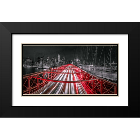 Evening view of Manhattan skyline from Brooklyn bridge Black Modern Wood Framed Art Print with Double Matting by Frank, Assaf