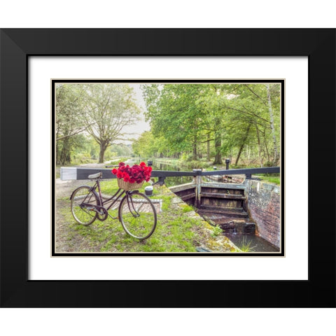 Bicycle with bunch of white roses by the canal Black Modern Wood Framed Art Print with Double Matting by Frank, Assaf