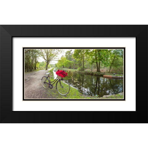 Bicycle with bunch of red roses by the canal Black Modern Wood Framed Art Print with Double Matting by Frank, Assaf
