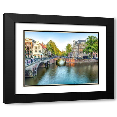 Canal through Amsterdam city Black Modern Wood Framed Art Print with Double Matting by Frank, Assaf