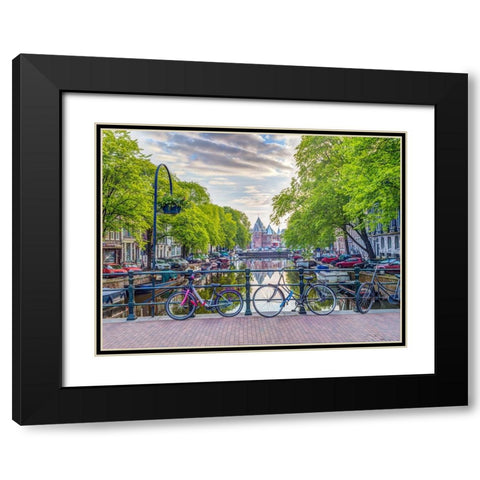 Bicycles parked along the canal, Amsterdam Black Modern Wood Framed Art Print with Double Matting by Frank, Assaf