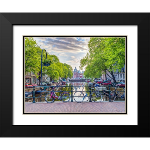 Bicycles parked along the canal, Amsterdam Black Modern Wood Framed Art Print with Double Matting by Frank, Assaf