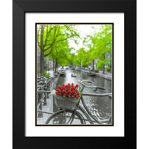 Bicycle with bunch of flowers by the canal-Amsterdam Black Modern Wood Framed Art Print with Double Matting by Frank, Assaf