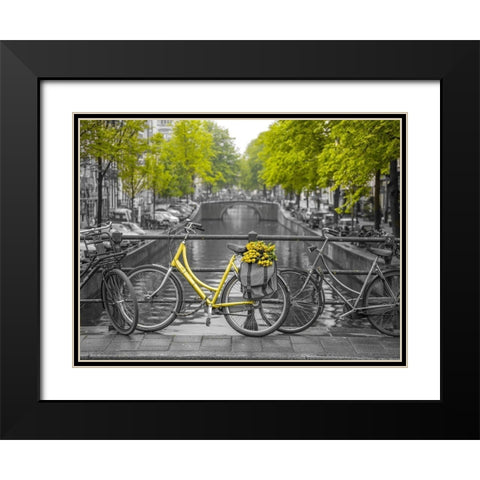 Bicycle with bunch of flowers by the canal, Amsterdam Black Modern Wood Framed Art Print with Double Matting by Frank, Assaf