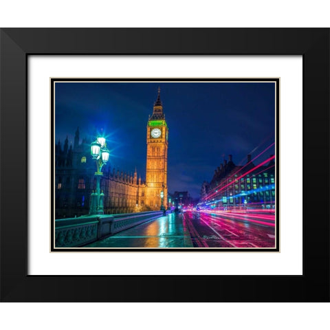 Big ben and westminster bridge with strip lights at night, London Black Modern Wood Framed Art Print with Double Matting by Frank, Assaf