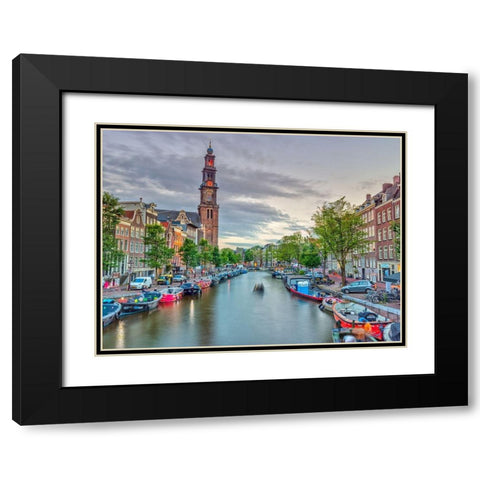 Canal through Amsterdam city Black Modern Wood Framed Art Print with Double Matting by Frank, Assaf