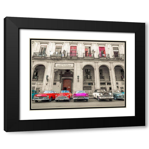 Traditional cuban cars parked in row by the road in Havava, Cuba, Black Modern Wood Framed Art Print with Double Matting by Frank, Assaf