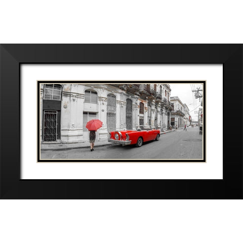 Woman with red umbrella by a vintage car on the street of Havana-Cuba Black Modern Wood Framed Art Print with Double Matting by Frank, Assaf