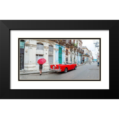 Woman with red umbrella by a vintage car on the street of Havana, Cuba, FTBR 1851 Black Modern Wood Framed Art Print with Double Matting by Frank, Assaf