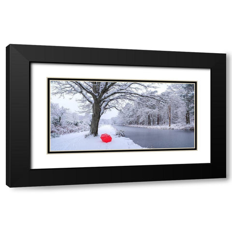 Snow covered trees by a canal Black Modern Wood Framed Art Print with Double Matting by Frank, Assaf